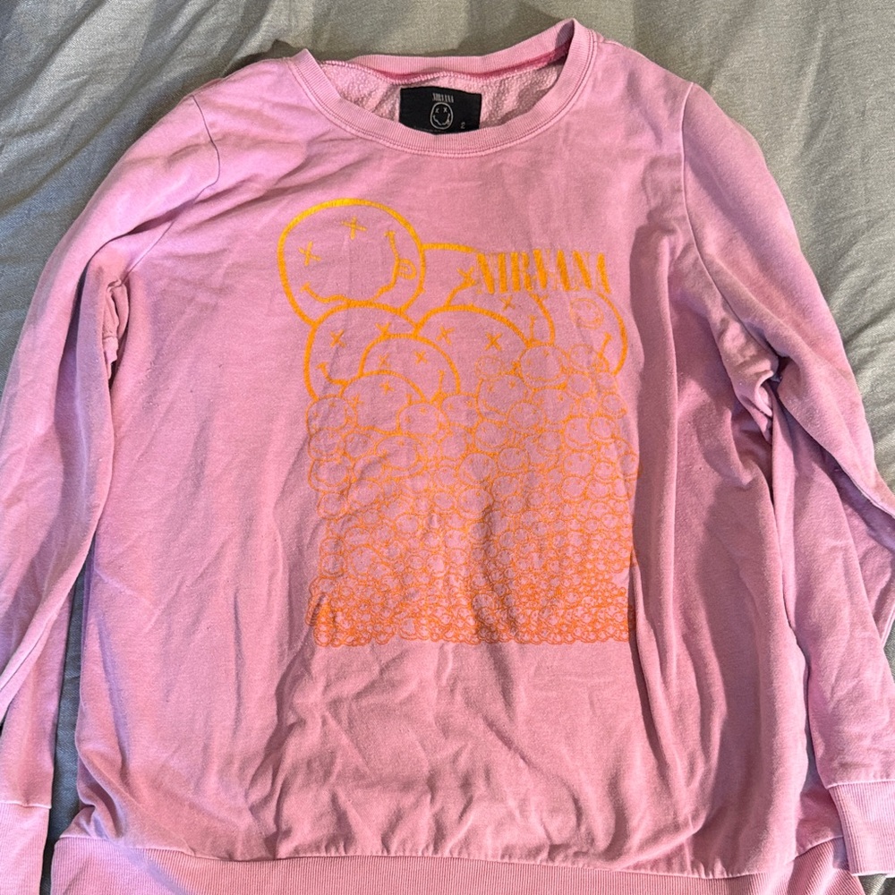 NIRVANA Pink Sweatshirt with Yellow Graphic Smiley